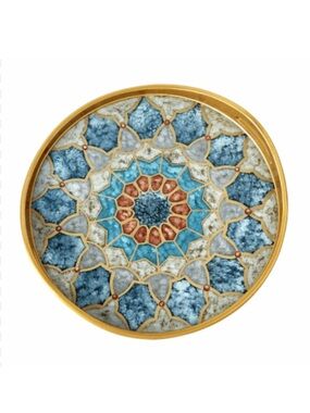 🆕 Medieval Reverse Painted Tray Handcrafted Gold Blue Peru